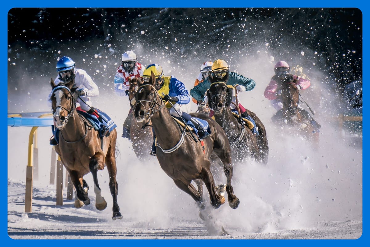 Depicts a horse race in the snow as a metaphor for the NHL Metropolitan Division playoff rac