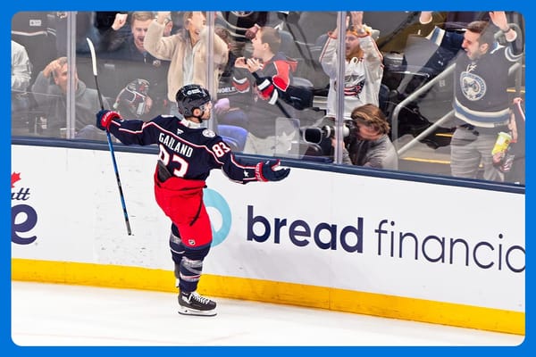 Conor Garland of the Blue Jackets celebrates a goal against the L.A. Kings at Nationwide Arena.